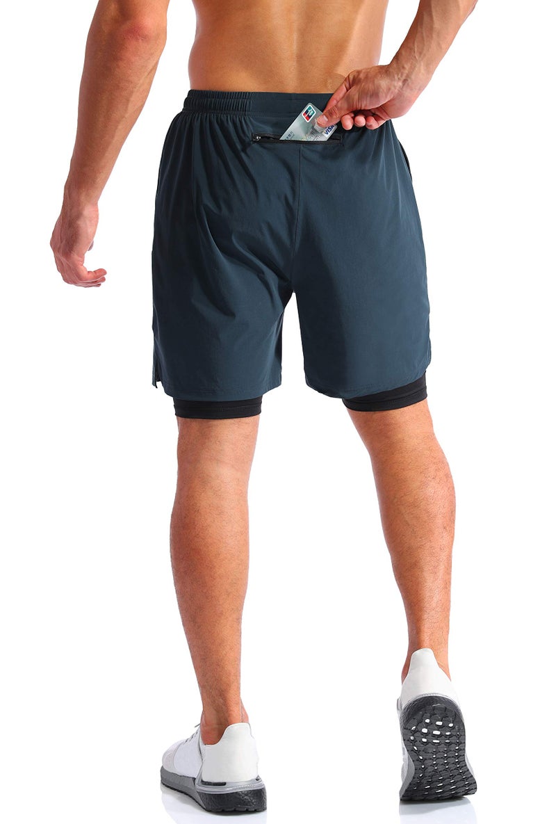 Pudolla Menâ€™s 2 in 1 Running Shorts 7" Quick Dry Gym Athletic Workout Shorts for Men with Phone Pockets(Navy Blue Large) - Image 4